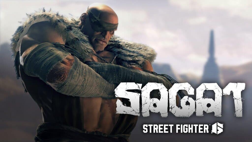 Muscular, bald fighter Sagat with an eyepatch stands with arms crossed; "SAGAT STREET FIGHTER" text displayed, highlighting his presence for Capcom Spotlight June 2025.