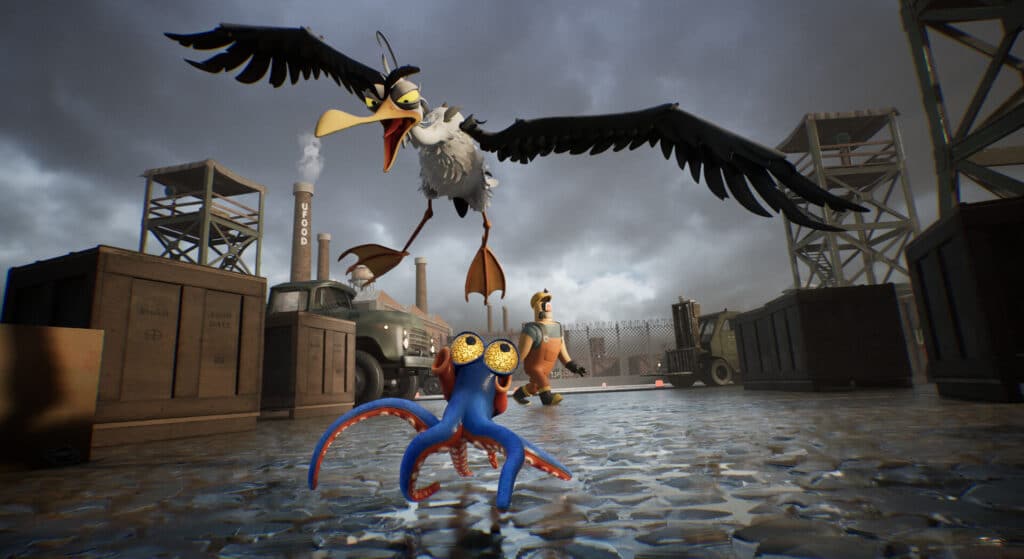 A blue octopus faces a large angry bird in an industrial yard with crates and a truck, capturing a surreal moment that hints at Darwin’s Paradox.