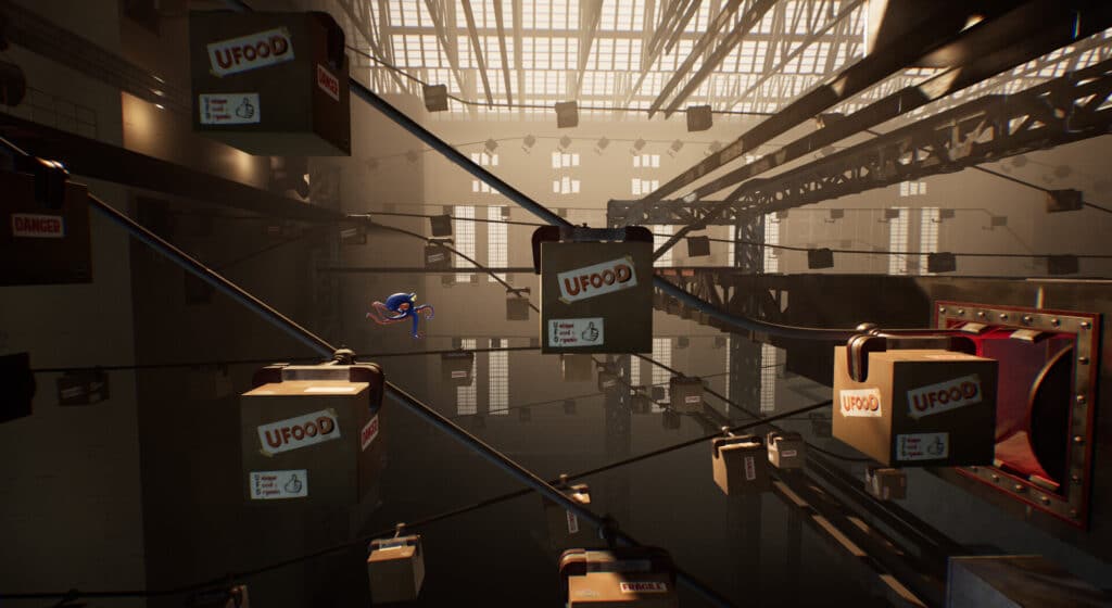 A blue character runs on wires amid large hanging boxes labeled "UFOOD" in an industrial warehouse, echoing the surprising adaptations seen in Darwin’s Paradox.