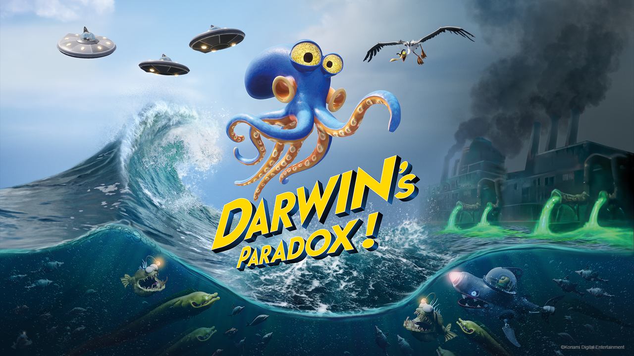 A cartoon octopus with glasses rises from the ocean amid UFOs, fish, and pollution, under the bold text "Darwin’s Paradox!"—illustrating the surreal twist of evolution.