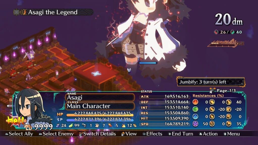 Video game battle screen showing character stats, HP, SP, and a large character portrait with glowing effects, inspired by Disgaea 7 Complete on Nintendo Switch 2.