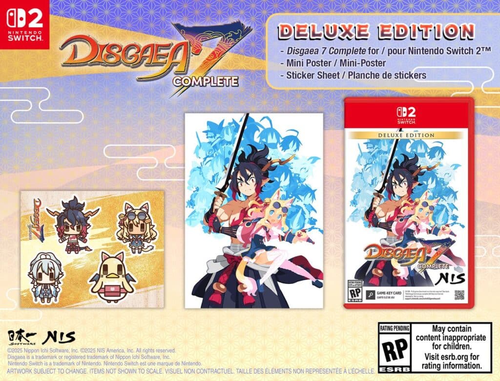 Disgaea 7 Complete Nintendo Switch 2 Deluxe Edition includes a mini poster, sticker sheet, and game case on display.