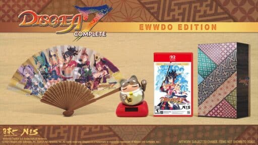 Promotional image for Disgaea 7 Complete Nintendo Switch 2 EWwDo Edition, featuring the game, fan, figure, cards, and special box.