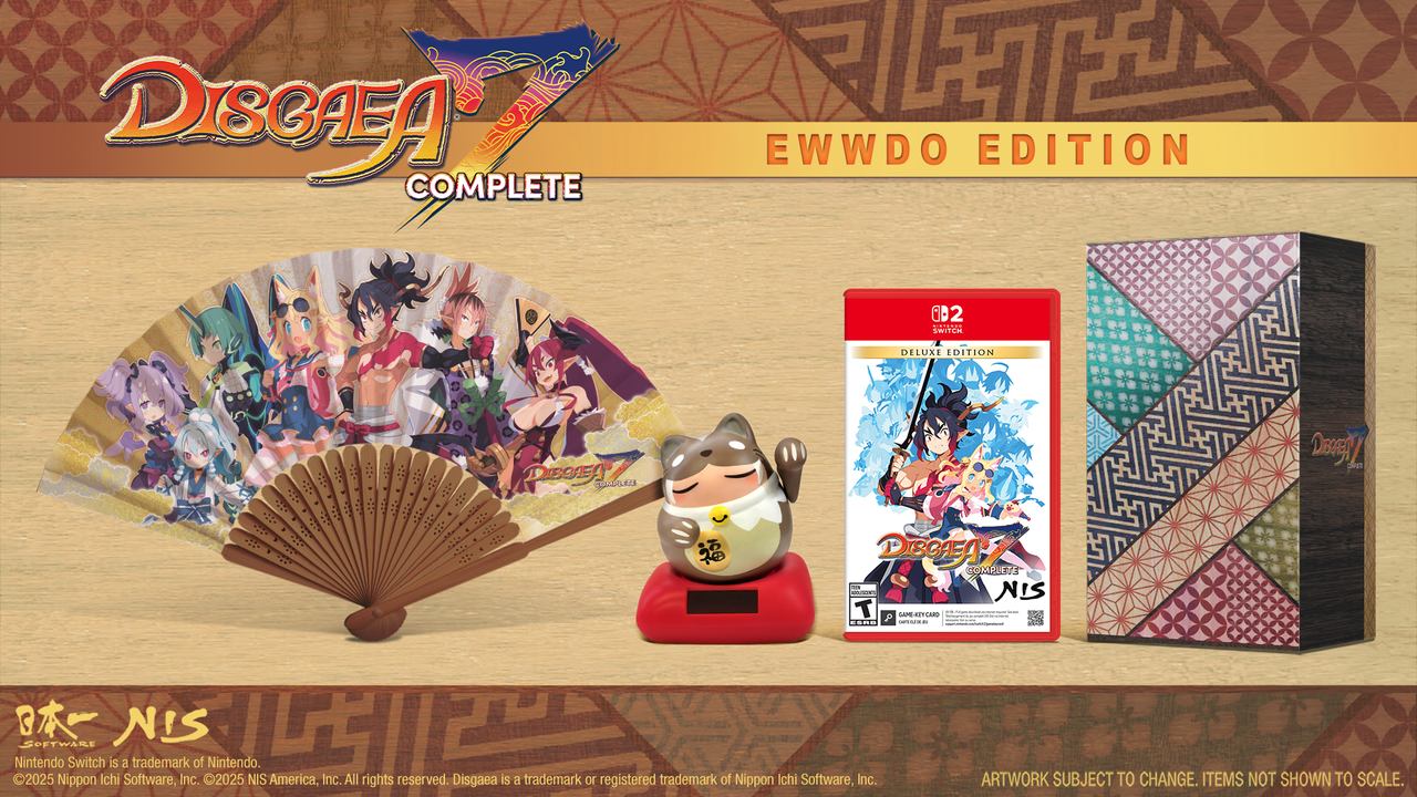 Promotional image for Disgaea 7 Complete Nintendo Switch 2 EWwDo Edition, featuring the game, fan, figure, cards, and special box.