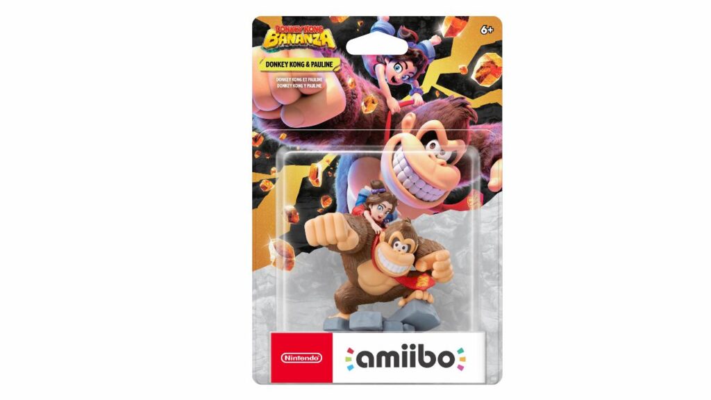 Donkey Kong & Pauline amiibo figure in packaging for Nintendo’s Donkey Kong Bananza Direct and Banana Mania game.