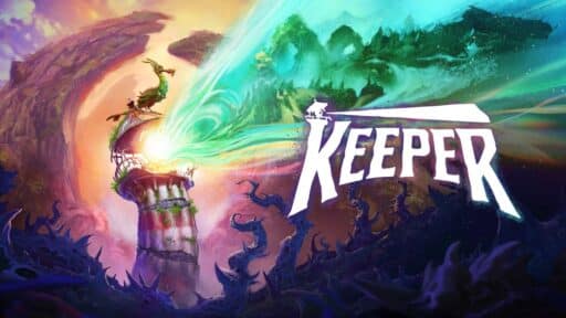 A fantasy lighthouse beams colorful light as a dragon flies nearby; "KEEPER" is written in bold letters, referencing the Keeper game by Double Fine.