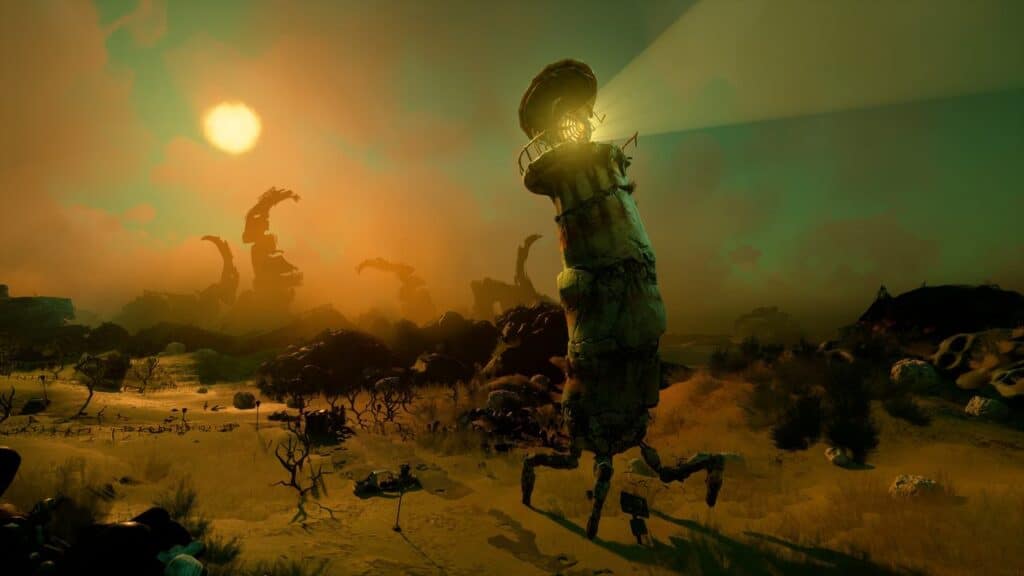 A tall, worn lighthouse with legs stands in a surreal, barren desert under a setting sun—a scene reminiscent of the imaginative worlds found in a Double Fine Keeper game.