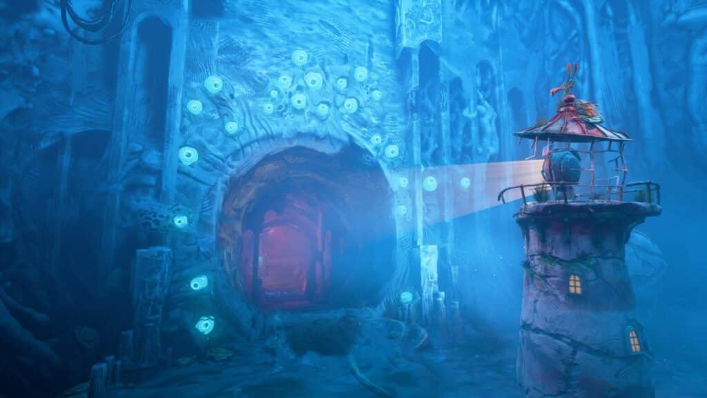 A lighthouse shines into a mysterious, glowing blue cave with circular lights on its walls, evoking the imaginative worlds of Keeper game Double Fine.