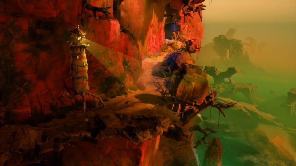 A winding path on a glowing red cliff evokes the mystical worlds of Keeper game Double Fine, with a small lantern-lit tower overlooking a misty green valley.