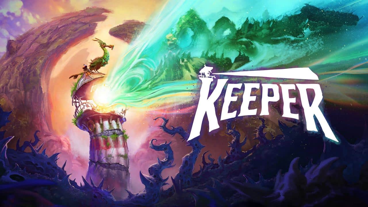A fantasy lighthouse beams colorful light as a dragon flies nearby; "KEEPER" is written in bold letters, referencing the Keeper game by Double Fine.