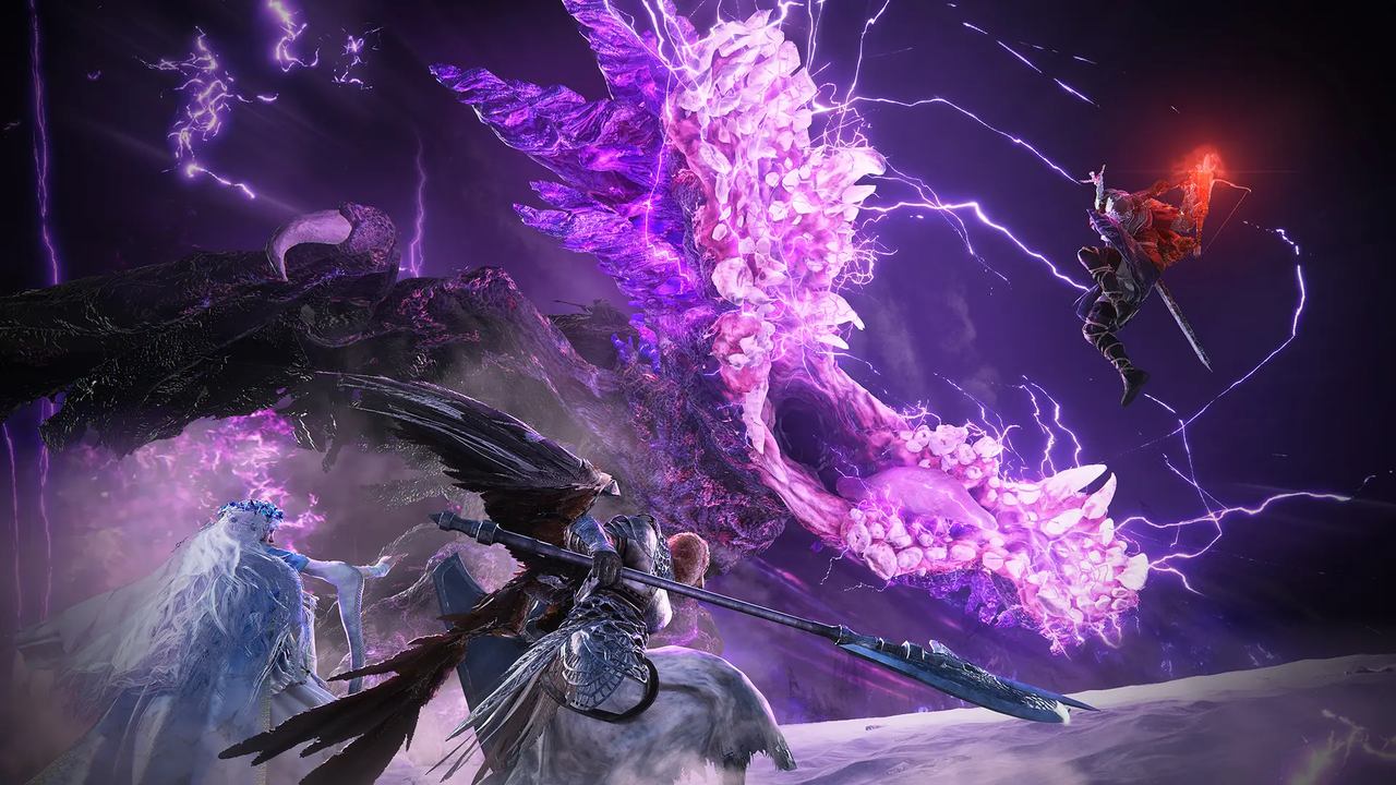 Three armored warriors battle a large, glowing purple dragon amid swirling lightning in a dark, mystical scene reminiscent of the Everdark Sovereigns from Elden Ring.