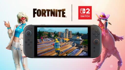 Nintendo Switch with Fortnite gameplay on screen, flanked by two colorful Fortnite characters and the Fortnite Nintendo Switch 2 logo above.