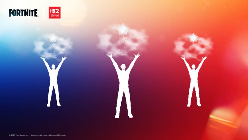 Three white silhouettes holding clouds above their heads on a red and blue Fortnite Nintendo Switch 2 background.
