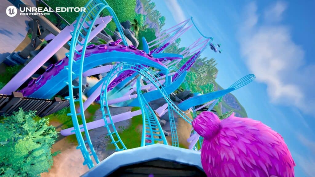 Experience the thrill of a roller coaster in a colorful, animated landscape—blue and purple tracks curve through lush greenery, reminiscent of an adventure in Fortnite on Nintendo Switch 2.