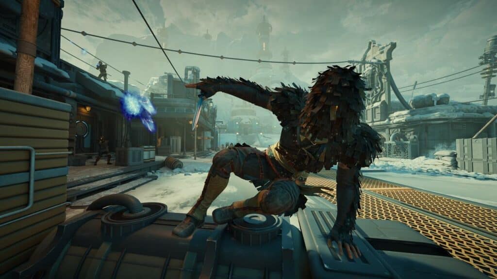 A masked warrior crouches on machinery, casting a blue spell in a snowy, industrial environment, evoking the cinematic style of Laura Fryer Xbox productions.