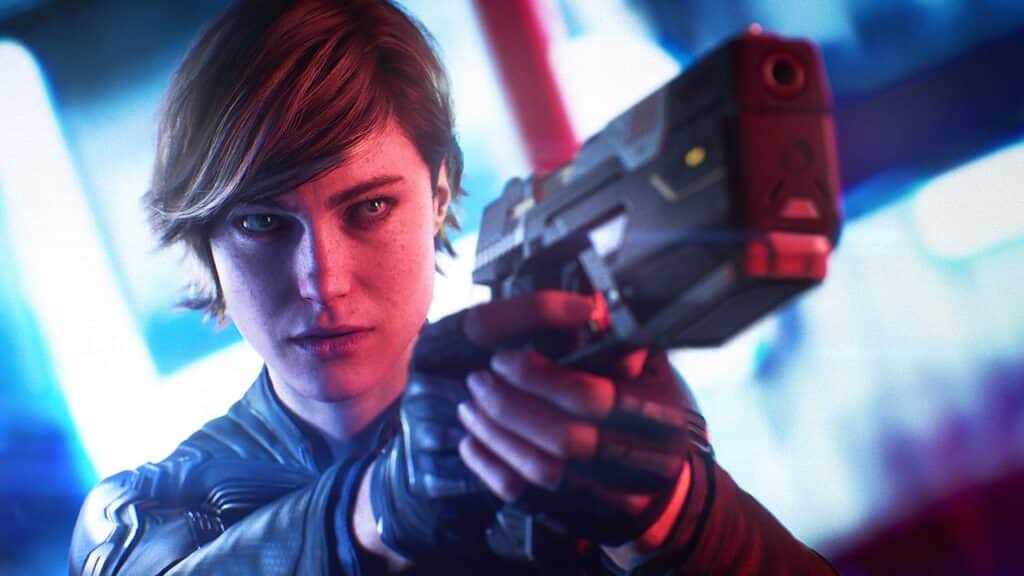 A woman with short hair aims a futuristic gun with a serious expression, against a blurred neon-lit background, evoking the bold spirit of classic Laura Fryer Xbox game protagonists.