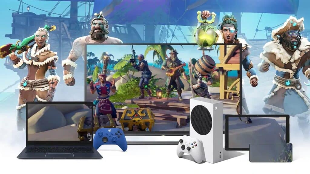 Pirate-themed game characters with Xbox consoles, controllers, a laptop, and a tablet in front of a TV screen—perfect for any Laura Fryer Xbox fan.