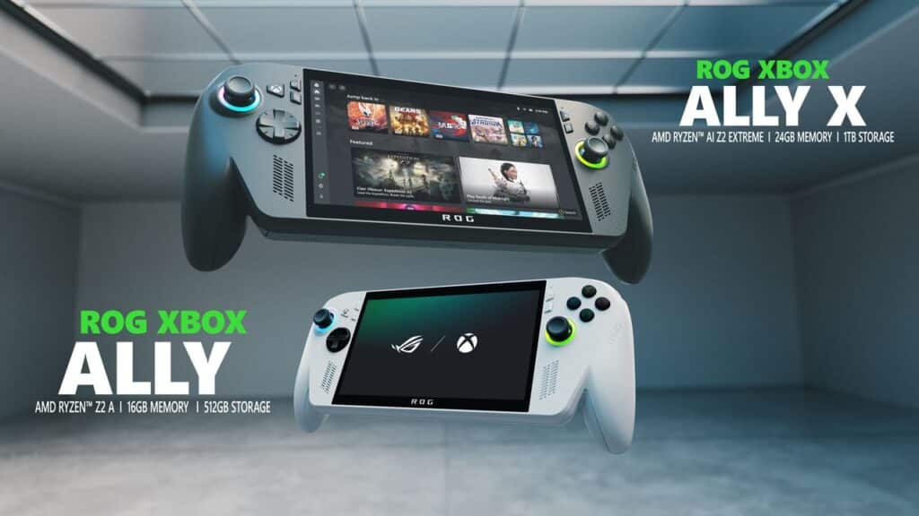 Two ASUS ROG Ally handheld gaming consoles with specs, floating in a futuristic room inspired by Laura Fryer's innovative work on Xbox.