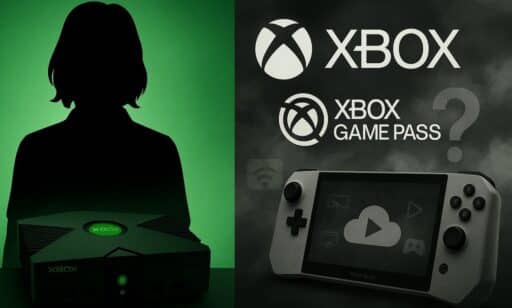 Split image: left shows a silhouetted figure with an Xbox, highlighting pioneers like Laura Fryer Xbox; right features the Xbox Game Pass logo and a handheld console.