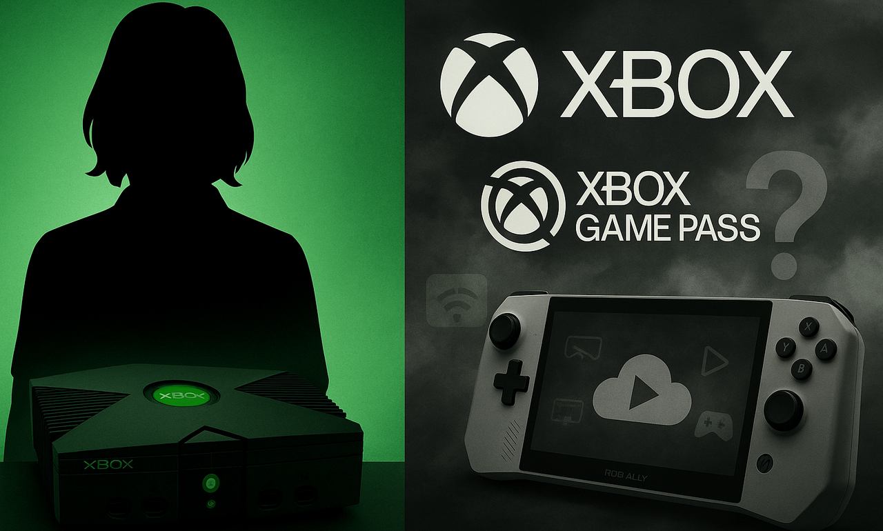 Split image: left shows a silhouetted figure with an Xbox, highlighting pioneers like Laura Fryer Xbox; right features the Xbox Game Pass logo and a handheld console.