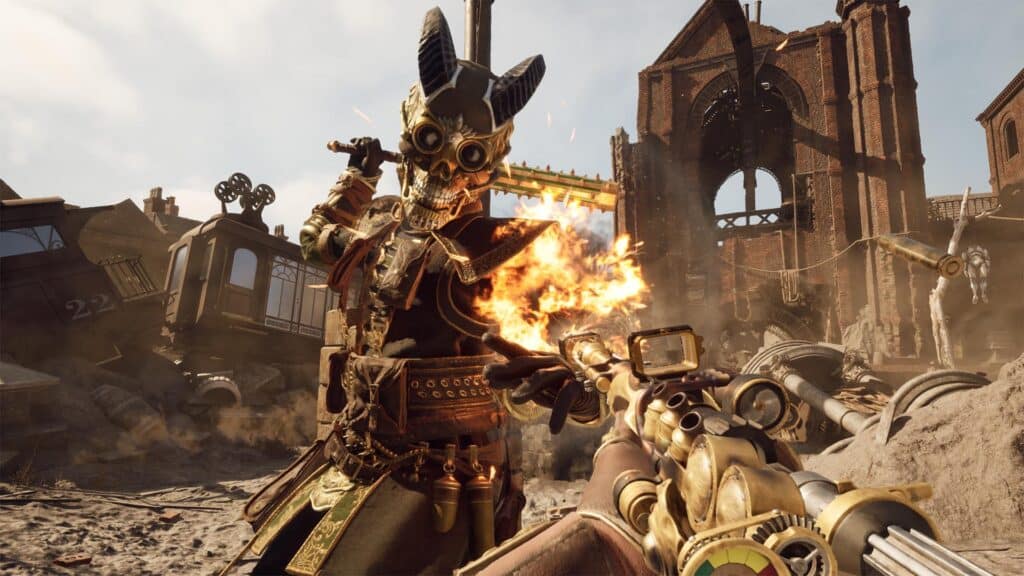 A person with a mechanical mask is shot by a flamethrower in a ruined, steampunk-style city, as rumors swirl of Phil Spencer unveiling bold Xbox 2025 plans nearby.
