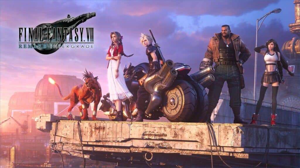 The main characters from Final Fantasy VII Remake stand together on a rooftop at sunset, with the game logo above—hinting at Phil Spencer Xbox 2025 excitement in the air.