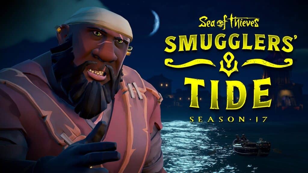 A pirate gestures by the sea at night as "Sea of Thieves Smugglers’ Tide Season 17" and a nod to Phil Spencer Xbox 2025 appear beside him.
