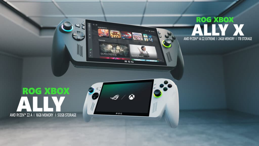 Two handheld gaming consoles, ROG XBOX Ally X and Ally, are displayed in a modern, empty room, hinting at the innovative direction Phil Spencer Xbox 2025 might take.