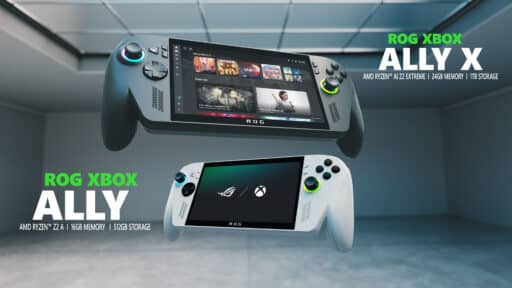 Two handheld gaming consoles, ROG XBOX Ally X and Ally, are displayed in a modern, empty room, hinting at the innovative direction Phil Spencer Xbox 2025 might take.