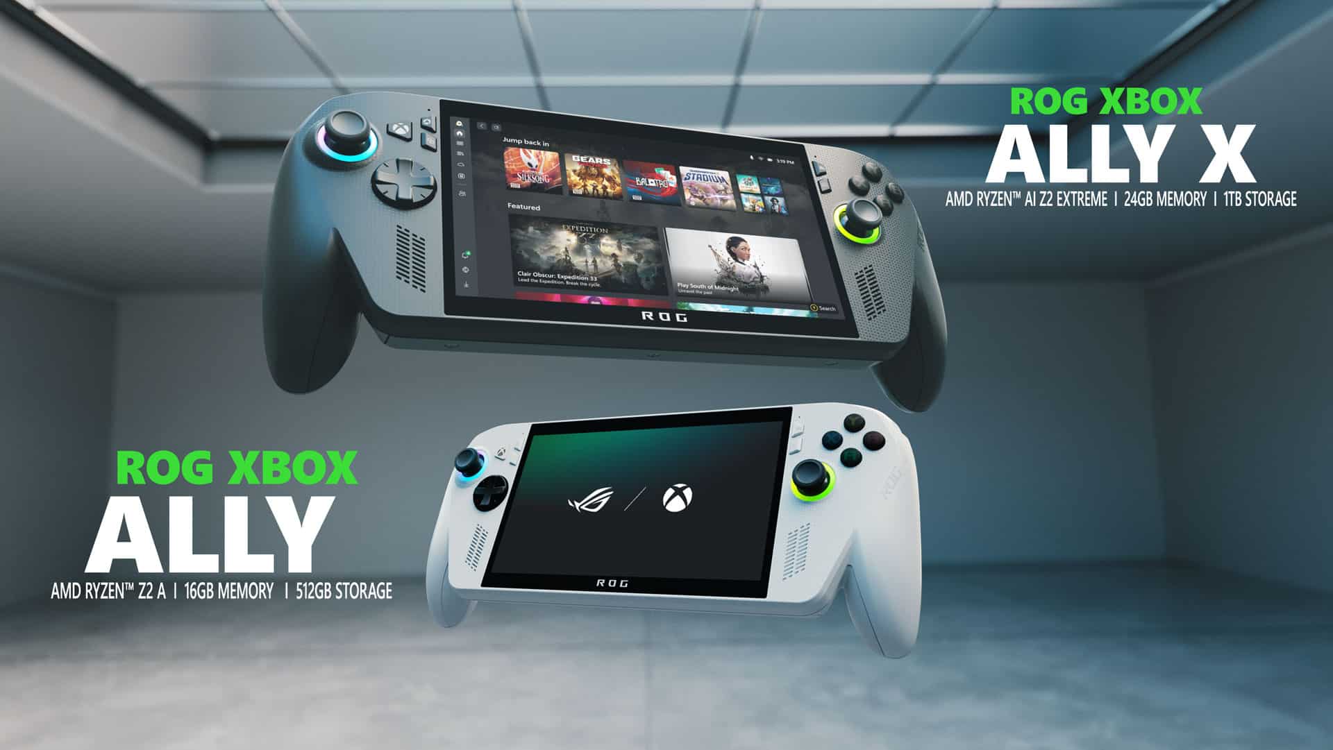 Two handheld gaming consoles, ROG XBOX Ally X and Ally, are displayed in a modern, empty room, hinting at the innovative direction Phil Spencer Xbox 2025 might take.