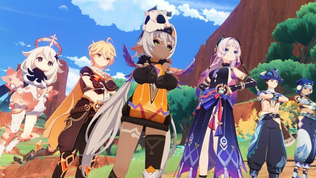 Five Genshin Impact characters stand together outdoors with crossed arms, striking confident poses as they showcase their strength in anticipation of Genshin Impact Version 5.7.