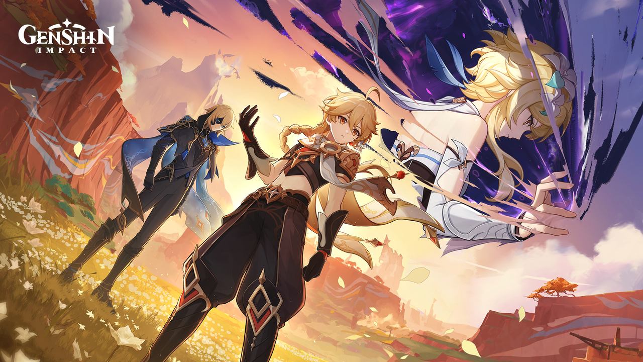 Three anime-style characters stand in a vibrant landscape with swirling magical energy in the sky, inspired by Genshin Impact Version 5.7.