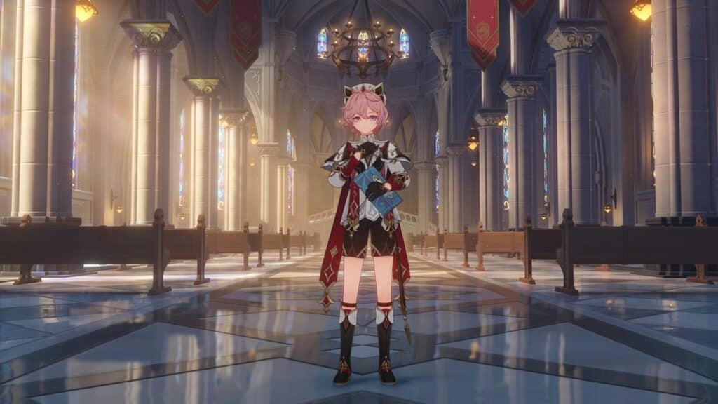 Dahlia from Genshin Impact Version 5.7 stands in a cathedral-like hall with stained glass and tall pillars, holding a book.