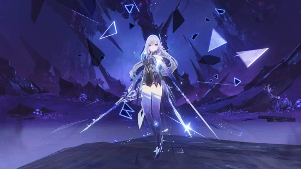 Skirk with dual swords stands in a glowing, purple, crystalline landscape inspired by Genshin Impact Version 5.7.