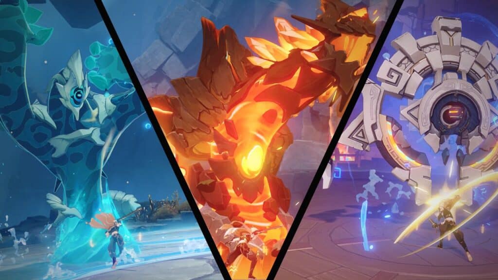 Three elemental monsters—water, fire, and mechanical—battle heroes in a fantasy video game scene, divided by black lines, reminiscent of epic encounters in Genshin Impact Version 5.7.