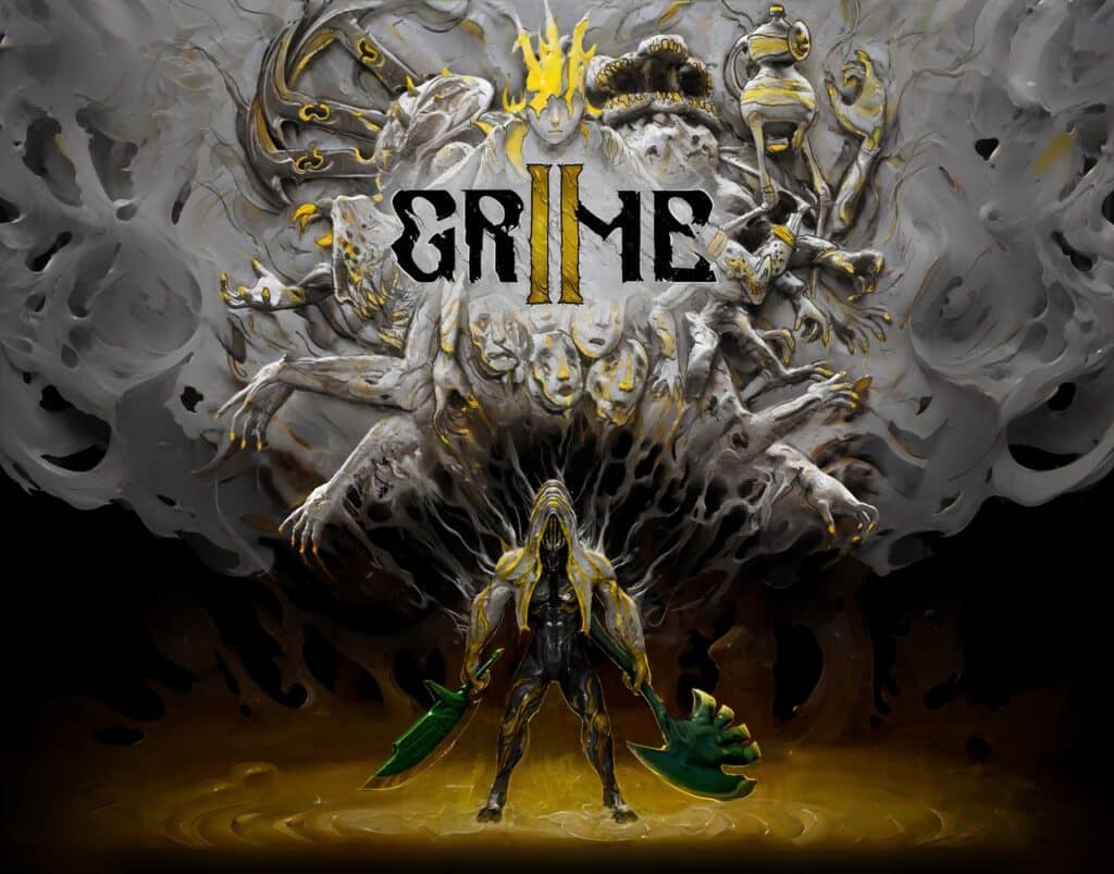 A hooded figure with large green blades stands before a monstrous mass of faces under the word "GRIME," teasing what’s to come in the Grime II gameplay trailer.