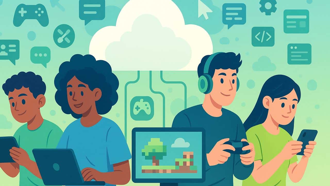 Four people use laptops, consoles, and phones connected to cloud gaming and coding icons in the background, reflecting Gen Z and Gen Alpha gaming trends.