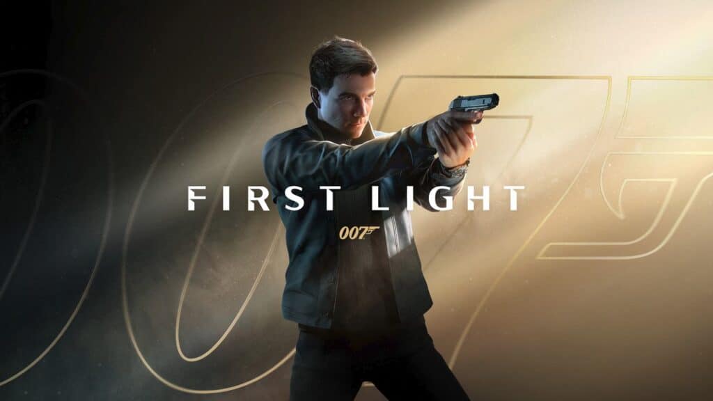 A man in a jacket points a gun, with "FIRST LIGHT 007" overlaid on a dark, dramatic background—setting the scene for an exclusive IO Interactive interview.