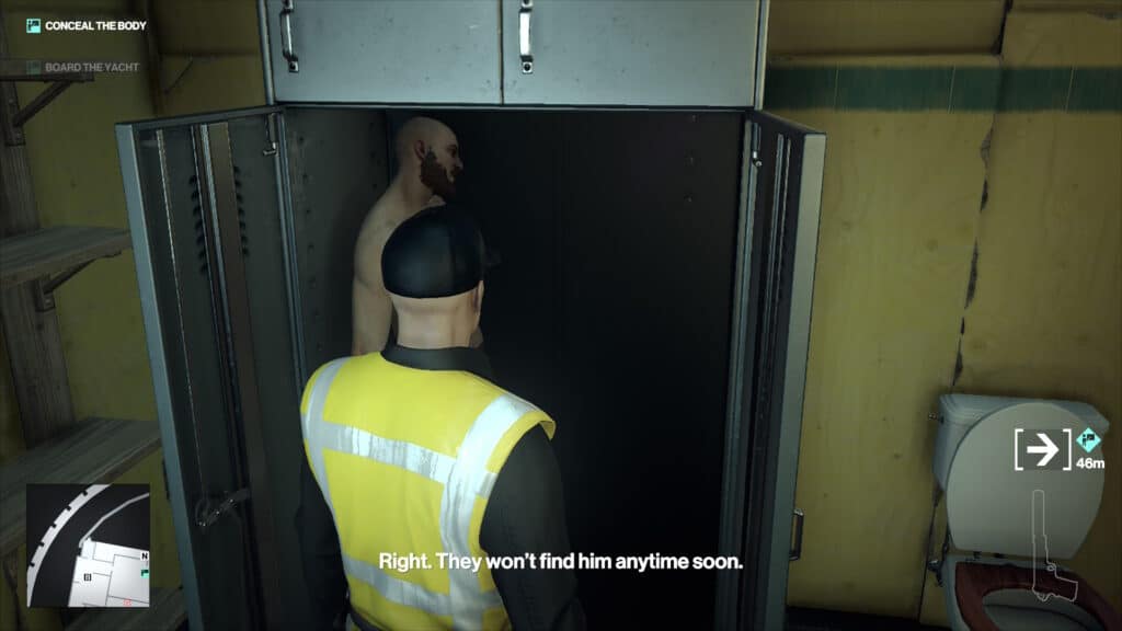 A man in a yellow vest hides a bald figure in a dark locker; game HUD and subtitles suggest classic Hitman stealth from the Hitman World of Assassination Signature Edition.