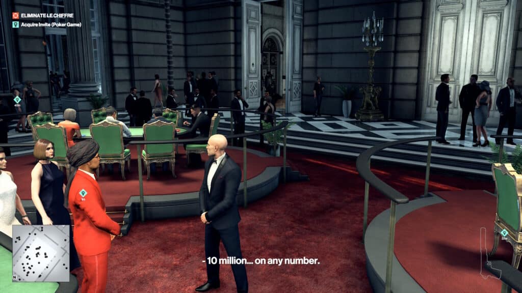 A formal casino scene with people in tuxedos and evening gowns, evoking the elegance of Hitman World of Assassination Signature Edition, and a man standing guard by green chairs.