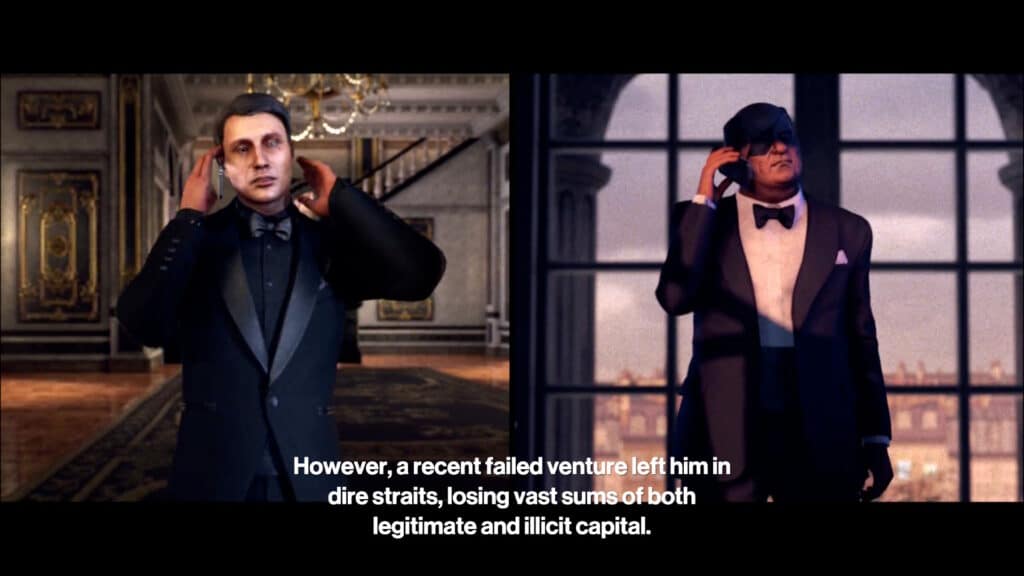 Two men in tuxedos adjust earpieces; subtitle reads, "However, a recent failed venture left him in dire straits, losing vast sums... just like a risky Hitman World of Assassination Signature Edition mission gone awry.