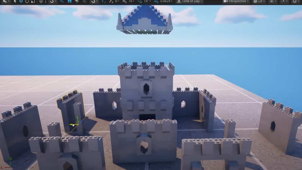 A 3D-rendered castle made of gray blocks with a blue roof floating above it, set on a grid floor, inspired by the Fortnite State of Unreal 2025 showcase.