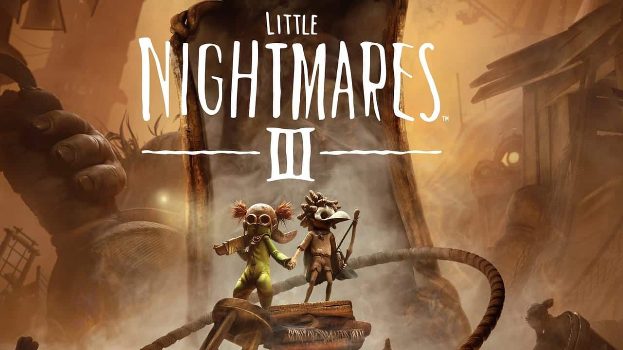 Two childlike characters stand together in a dark, eerie setting with "Little Nightmares III" above them.