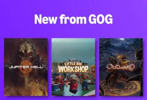 Three new GOG games: Jupiter Hell, Little Big Workshop, and Outward shown on a purple background.