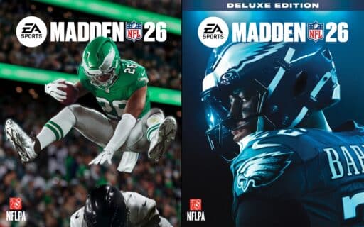 Side-by-side covers of Madden NFL 26 featuring Detroit Lions and Philadelphia Eagles players in action.