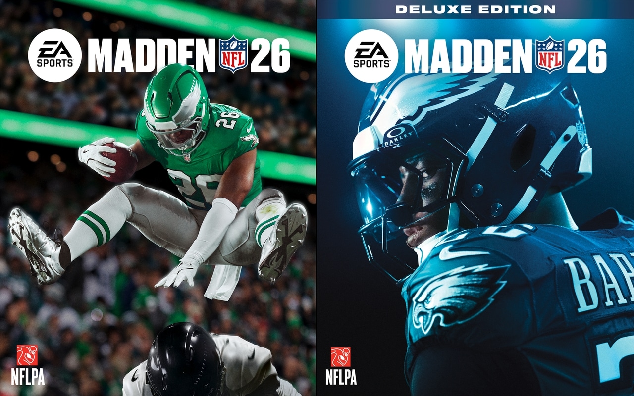 Side-by-side covers of Madden NFL 26 featuring Detroit Lions and Philadelphia Eagles players in action.