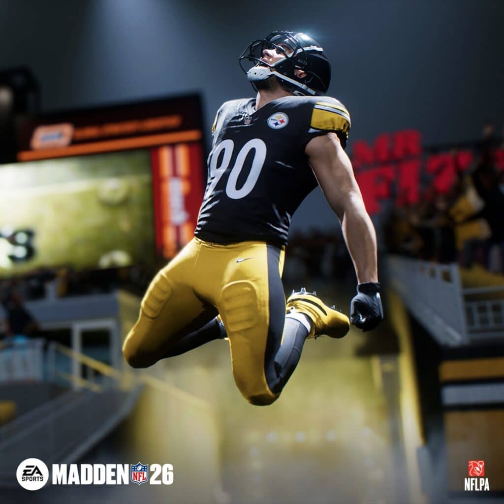 Football player in black and yellow uniform celebrates a play, jumping in a stadium. Madden NFL 26 logo shown, highlighting action from the Madden NFL 26 gameplay trailer.