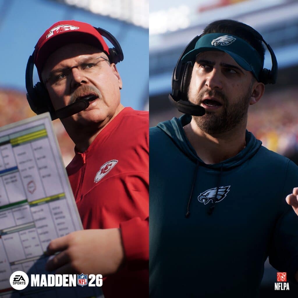 Two animated football coaches, one in red and one in green, wearing headsets from the Madden NFL 26 gameplay trailer.
