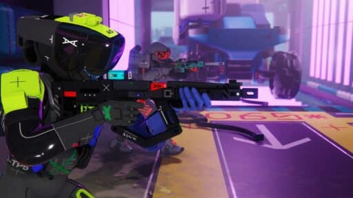 Futuristic soldiers in colorful armor aiming rifles inside a neon-lit sci-fi setting, ready for action.
