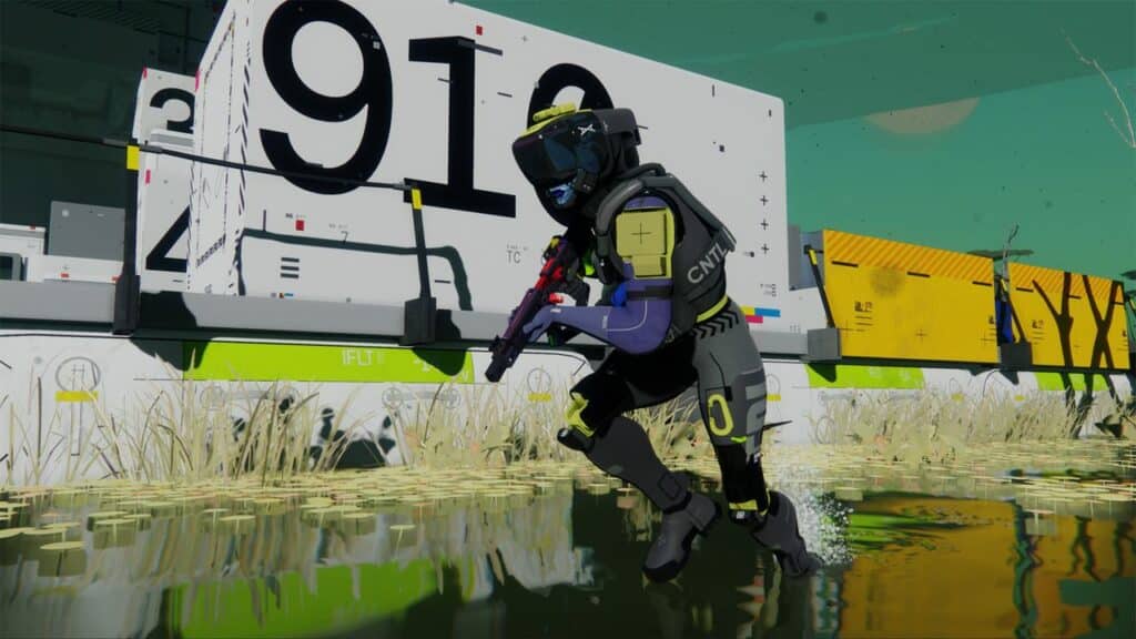 A futuristic soldier with a rifle crouches by water near large numbered containers in a sci-fi setting, perhaps awaiting orders as if on a marathon delayed.